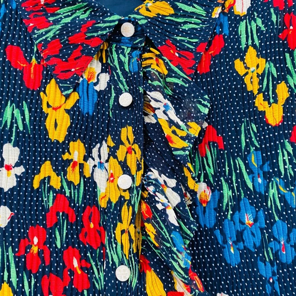 Tory Burch Navy Blue Floral Pleated Ruffle Button Front Shift Mini‎ Dress 6